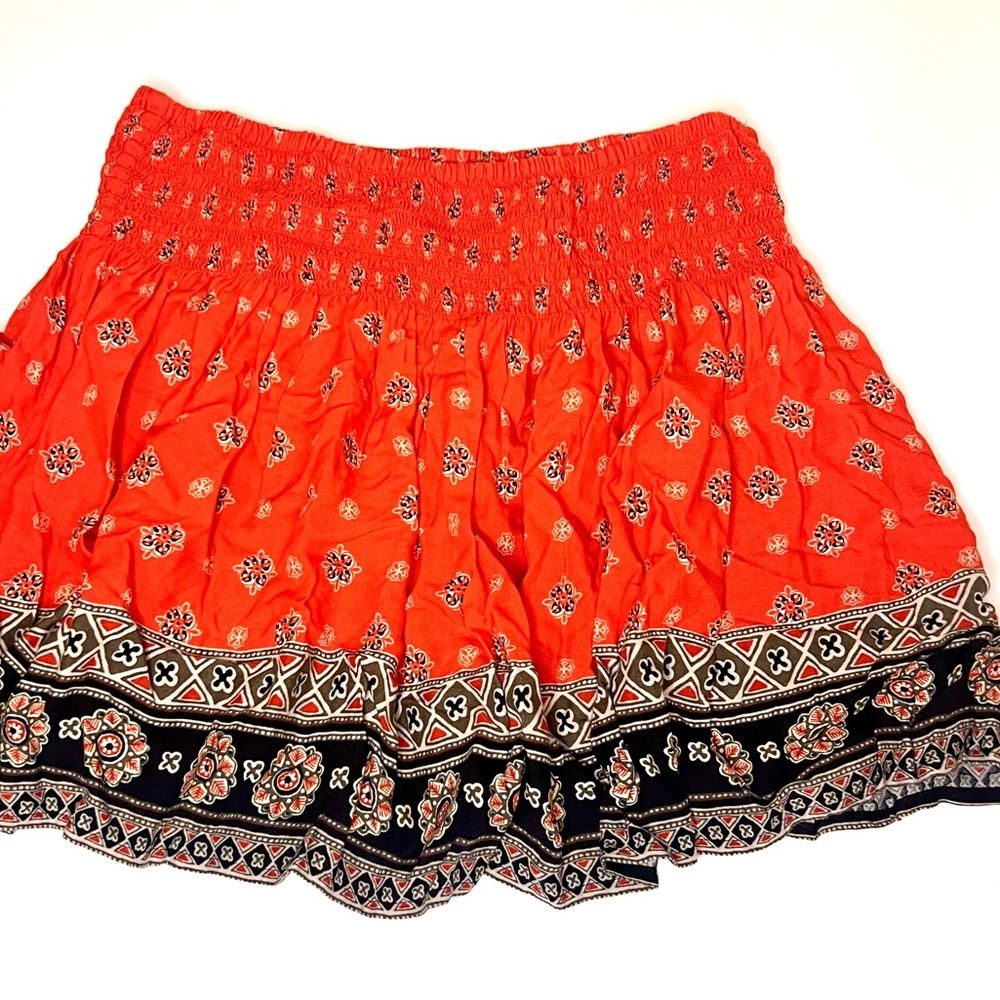 Hollister Boho Skirt in Red & Black - Smocked w/ Geometric Damask Print Bohemian